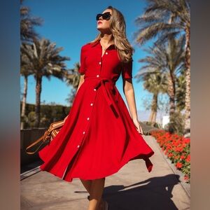 Mansur Gavriel Red Button-Front Midi Shirt Dress with Tie Waist